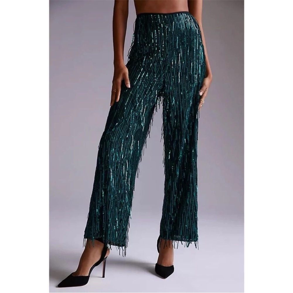 Anthropologie Maeve Fringe Sequined Wide Leg  Party Pants Green Sequin Fringe 2P